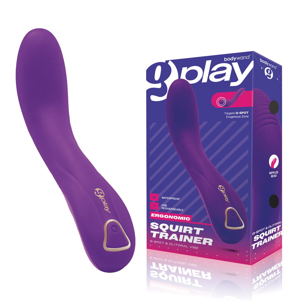 Bodywand G-Play ergonomic G-spot vibrator with curved shaft and shaped external arm, shown with storage bag