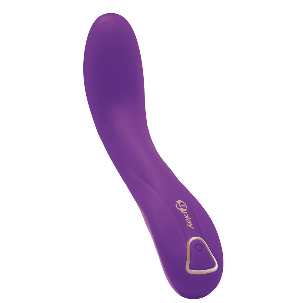 Bodywand G-Play ergonomic G-spot vibrator with curved shaft and shaped external arm, shown with storage bag