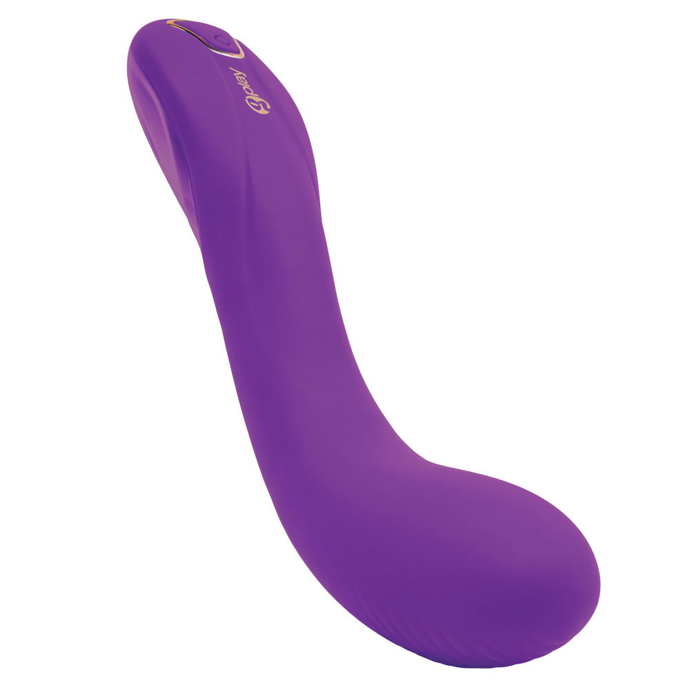 Bodywand G-Play ergonomic G-spot vibrator with curved shaft and shaped external arm, shown with storage bag