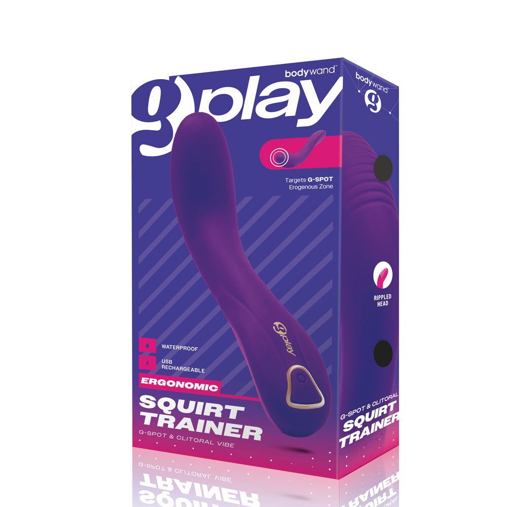 Bodywand G-Play ergonomic G-spot vibrator with curved shaft and shaped external arm, shown with storage bag