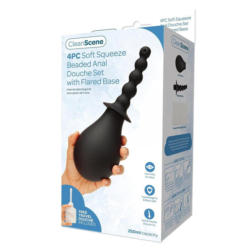 CleanScene 4 piece soft squeeze beaded anal douche set with bulbs, silicone tip and storage bag