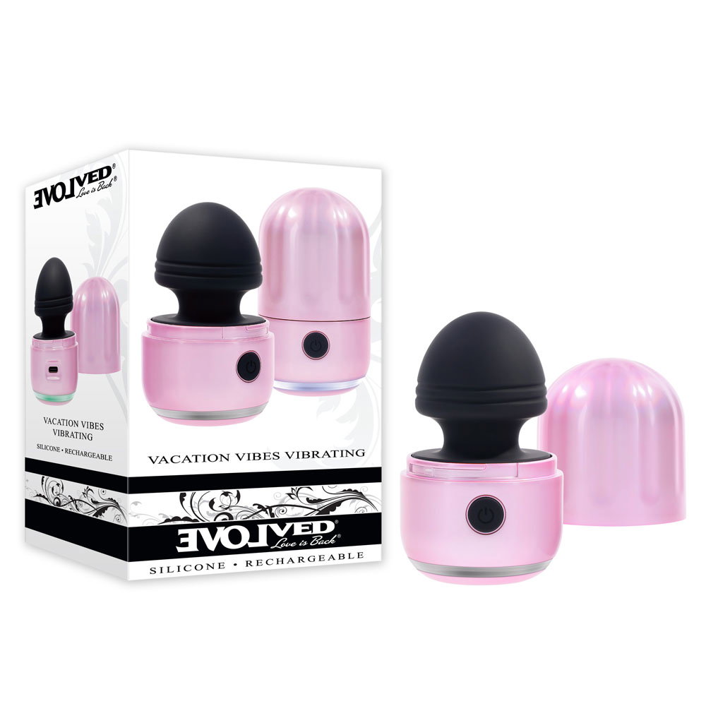 Evolved Vacation Vibes pink pearlescent silicone wand stimulator with canister-style lid