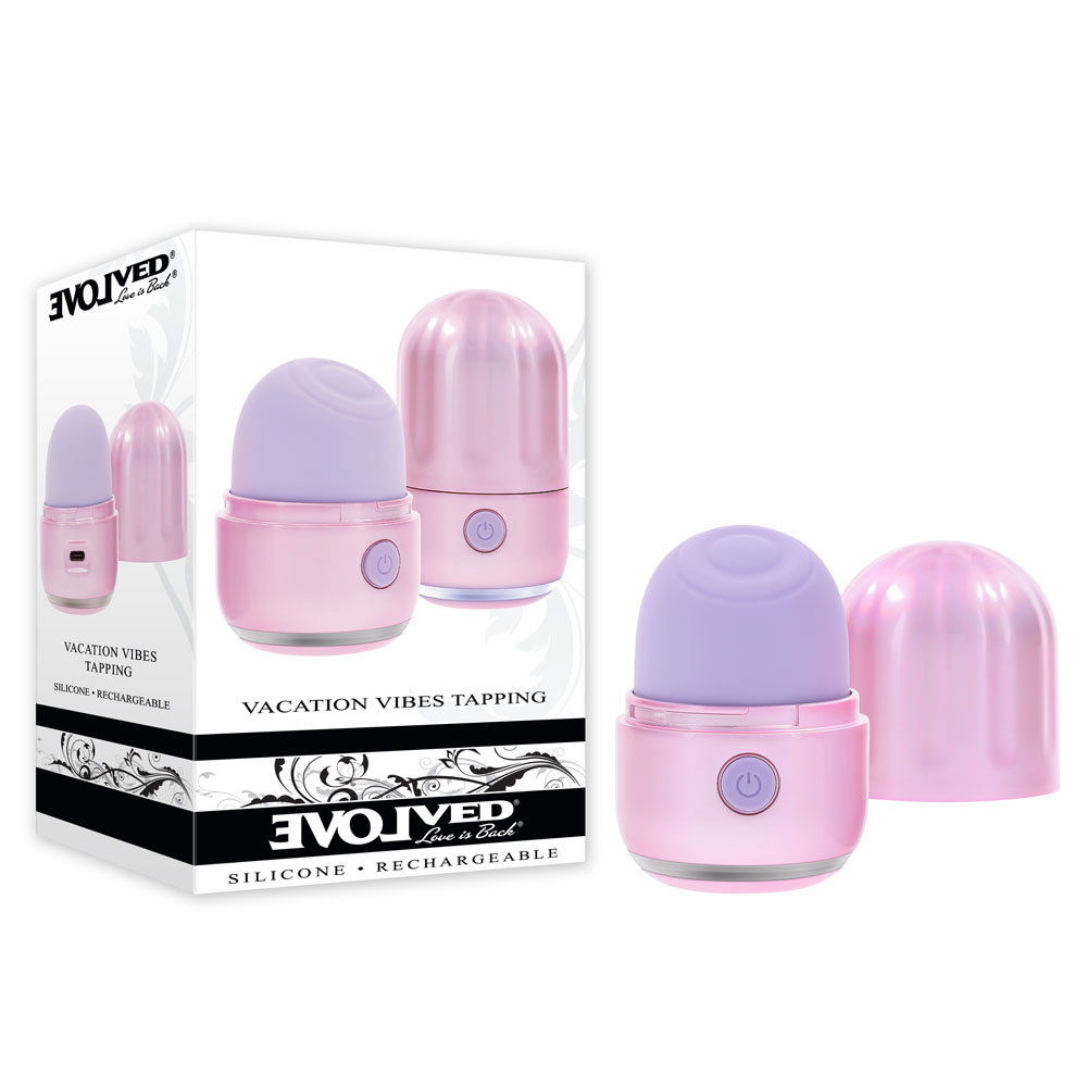 Evolved Vacation Vibes tapping stimulator, pink-pearl iridescent canister-style toy with silicone head