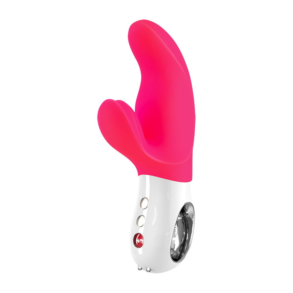 Fun Factory MISS BI rabbit vibrator in pink and white with curved shaft and external arm