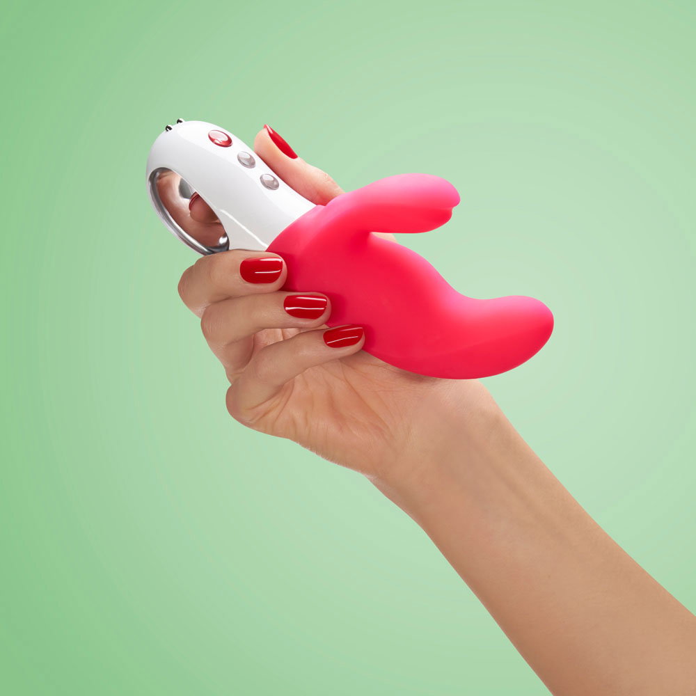 Fun Factory MISS BI rabbit vibrator in pink and white with curved shaft and external arm