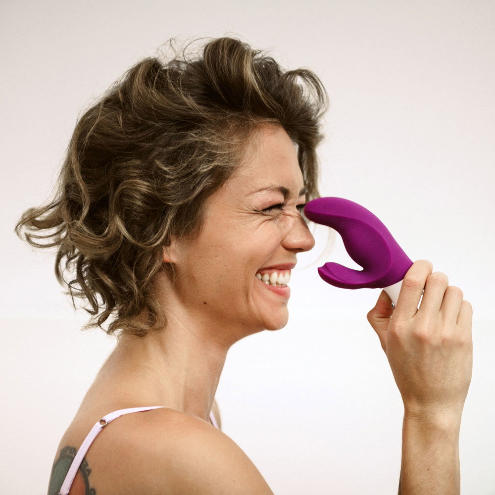 Fun Factory MISS BI rabbit vibrator in grape-white with curved shaft and broad external arm