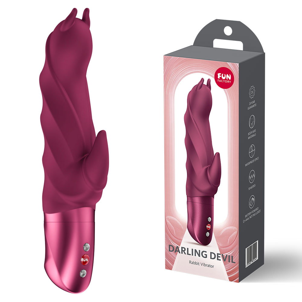 Fun Factory Darling Devil rabbit vibrator in wine red silicone with curved shaft and external stimulator