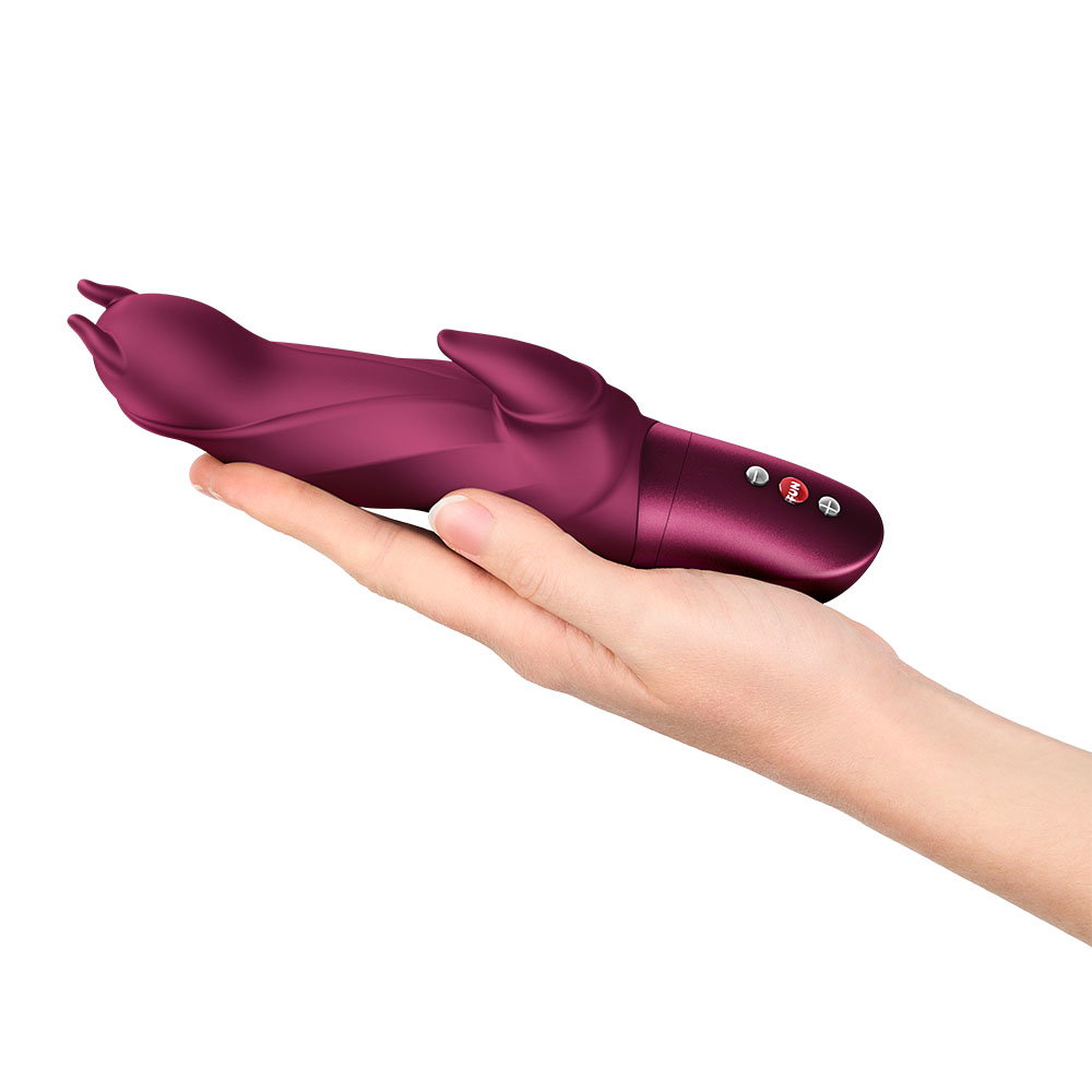 Fun Factory Darling Devil rabbit vibrator in wine red silicone with curved shaft and external stimulator