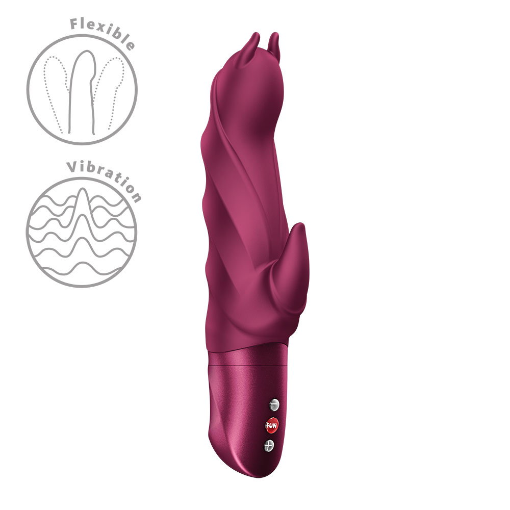 Fun Factory Darling Devil rabbit vibrator in wine red silicone with curved shaft and external stimulator