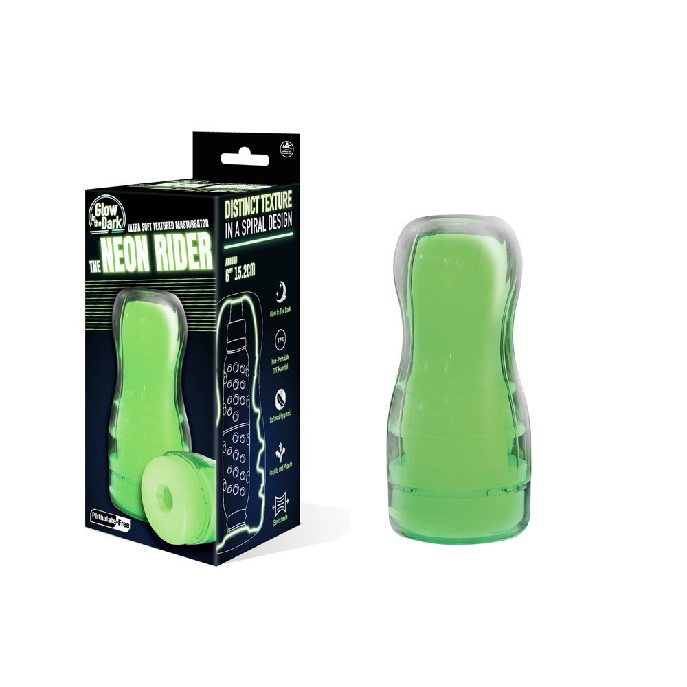 Neon Rider 6-inch glow-in-the-dark TPE masturbator stroker with spiral internal texture