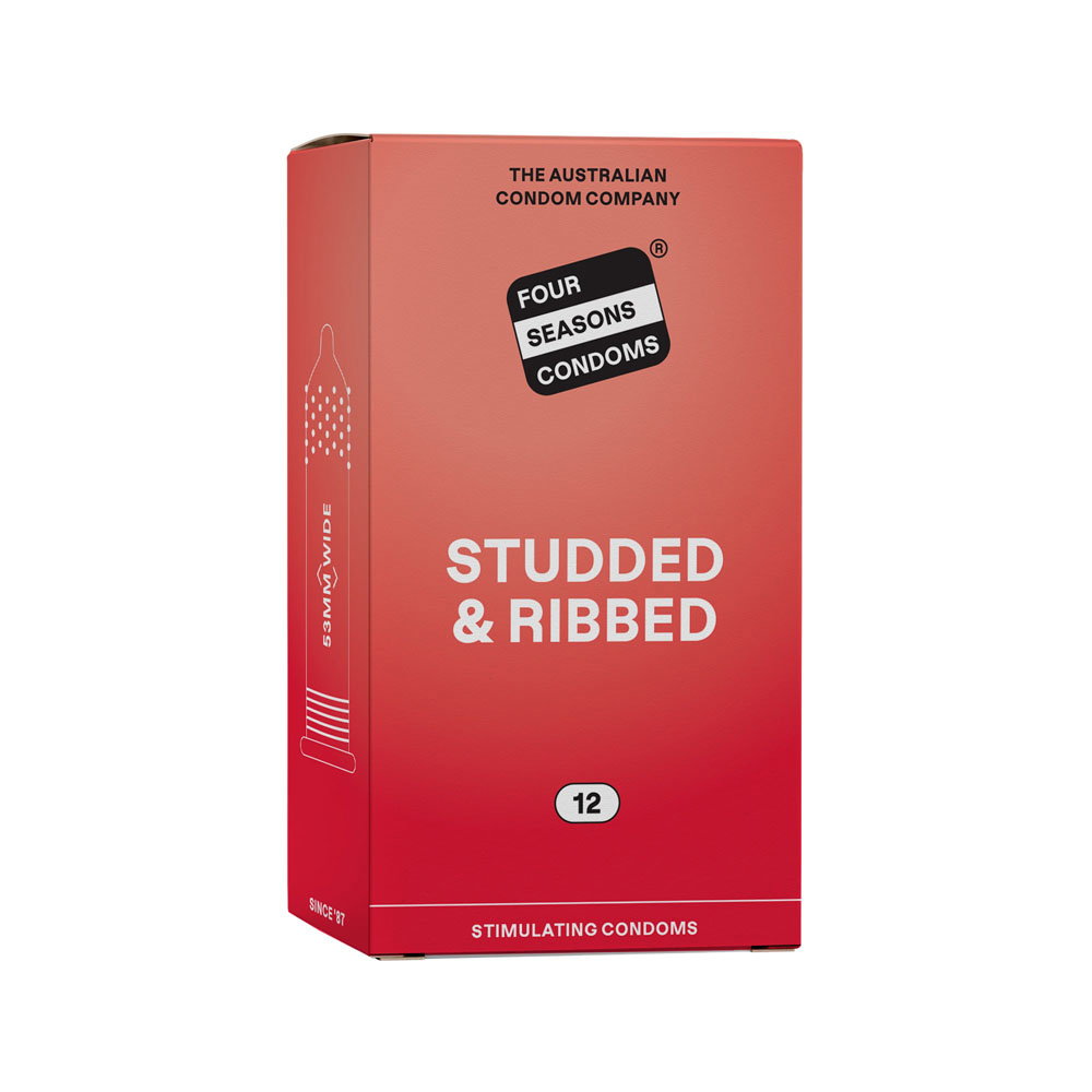 Four Seasons Studded & Ribbed Condoms 12 pack box, transparent lubricated condoms with reservoir end