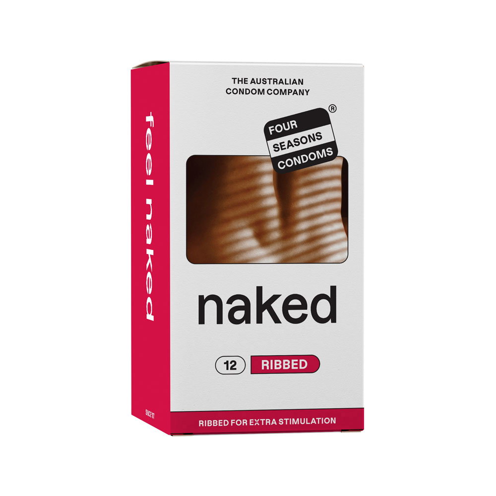 Box of Four Seasons Naked Ribbed Condoms, 12 pack, transparent lubricated condoms with reservoir end