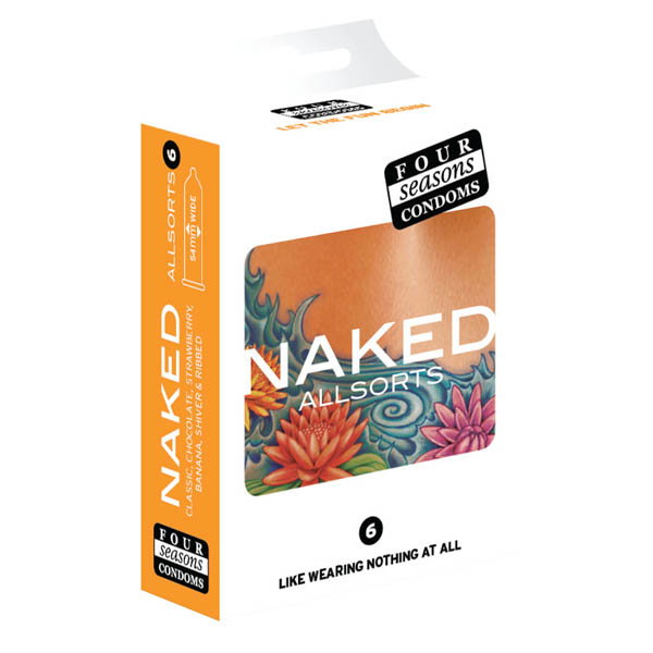 Four Seasons Naked Allsorts Condoms 6 pack box, 54mm assorted flavours and sensations