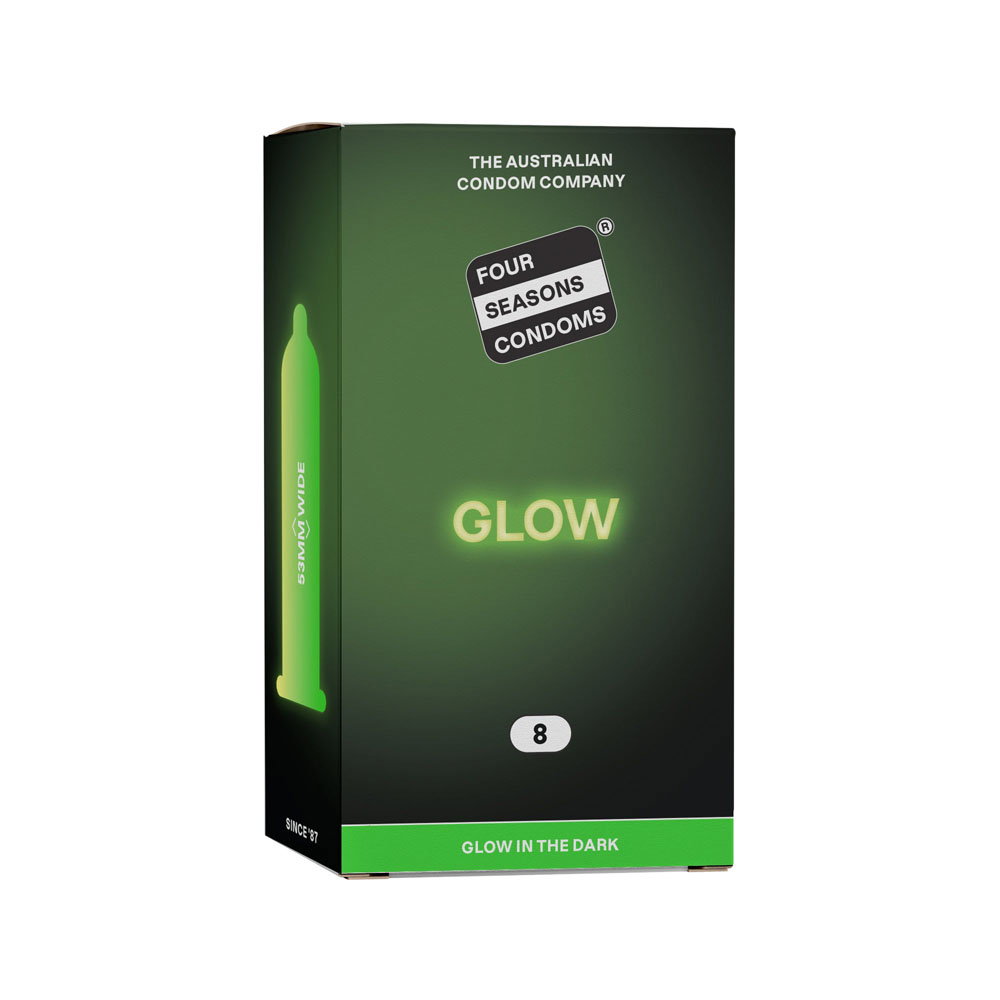 Four Seasons Glow in the Dark Condoms 8 pack box, lubricated non-spermicidal, 53mm width