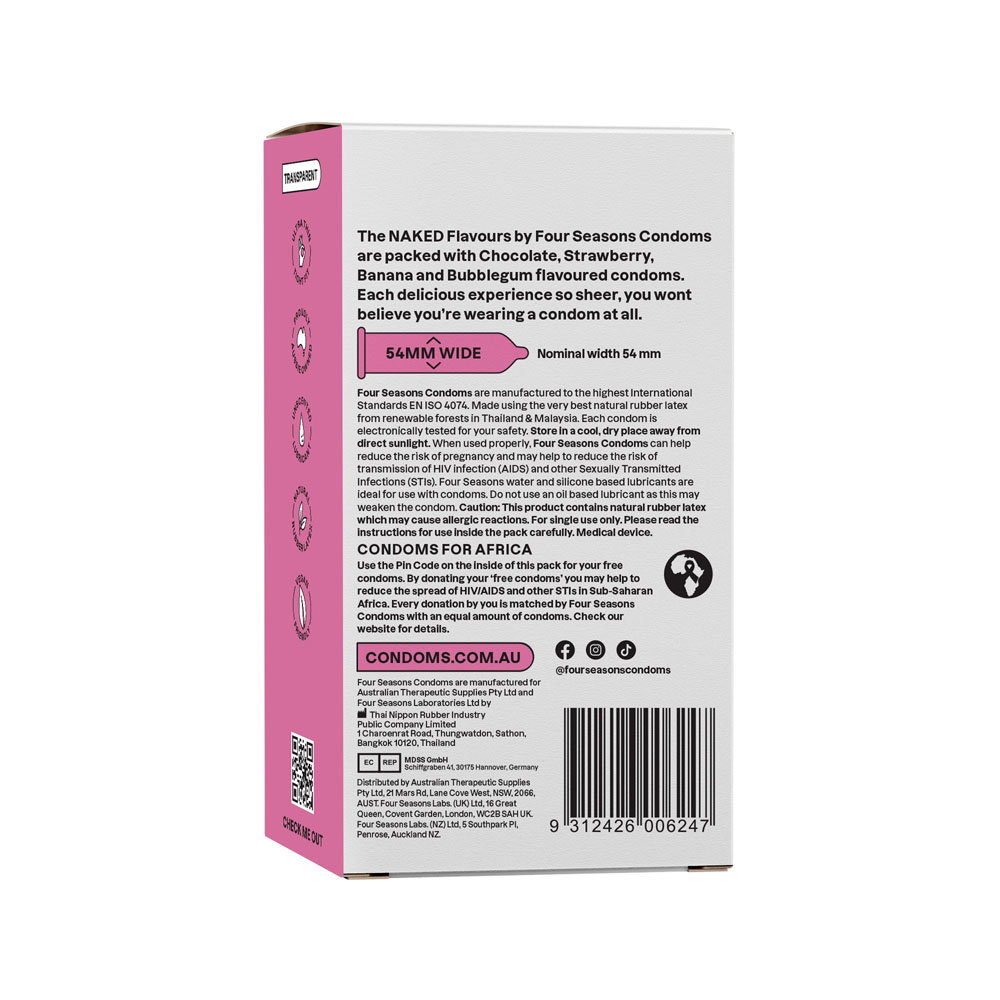 Four Seasons Naked Flavours Condoms 12 pack box, translucent flavoured condoms with reservoir end
