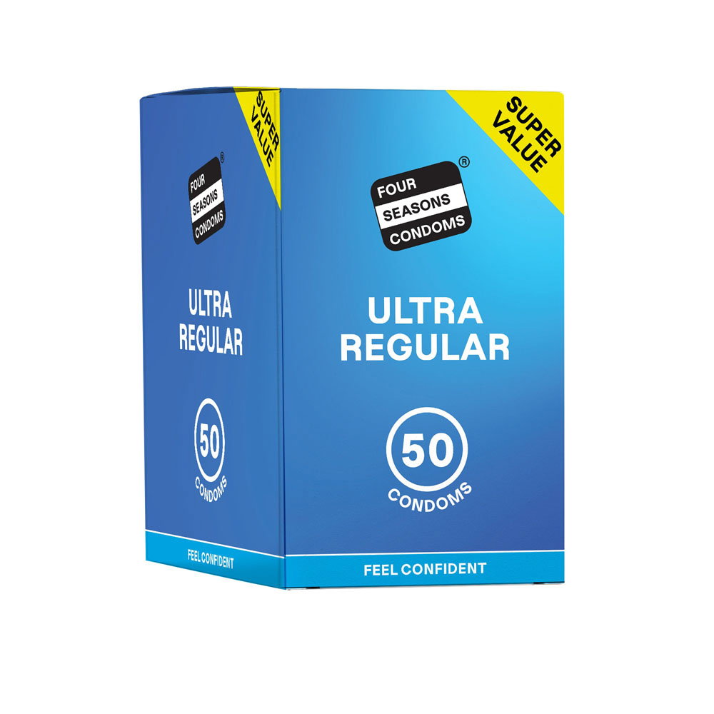 Four Seasons Regular Condoms 50 pack box, transparent lubricated condoms with reservoir end
