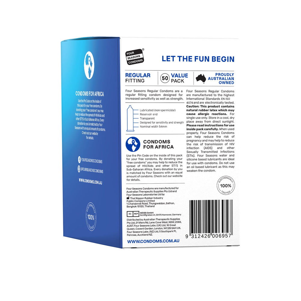 Four Seasons Regular Condoms 50 pack box, transparent lubricated condoms with reservoir end