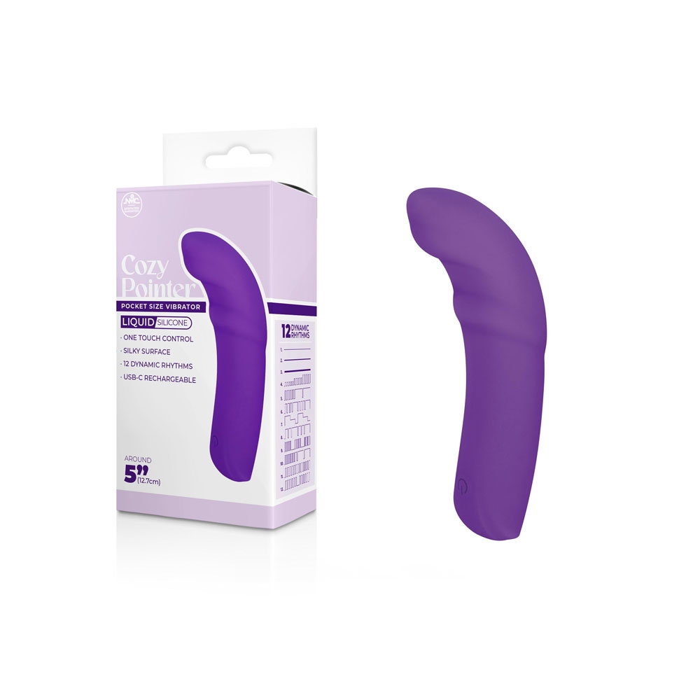 Cozy Pointer purple curved mini vibrator, rechargeable liquid silicone vibe, 12.7 cm