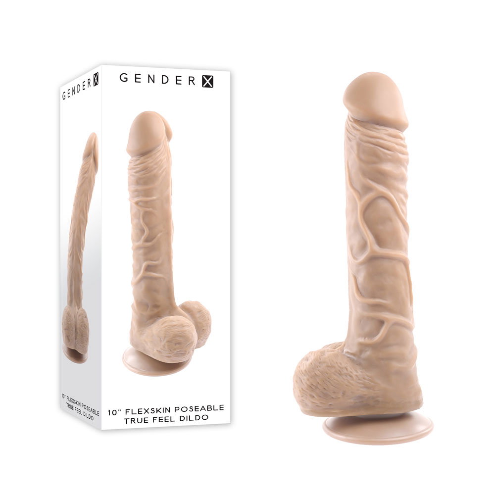 Gender X Flexskin poseable true feel 10 inch realistic dildo with suction cup base, light tone