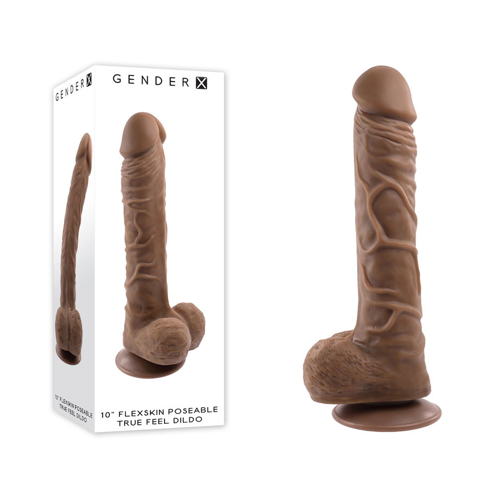 Gender X 10-inch Flexskin poseable true feel dildo in dark colour with suction cup base