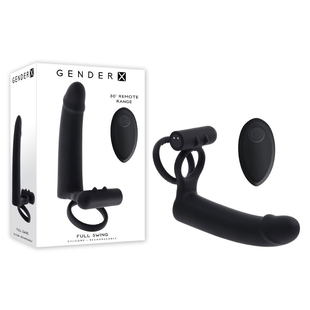 Gender X Full Swing vibrating cock ring with insertable curved vibrator, textured bullet and remote control