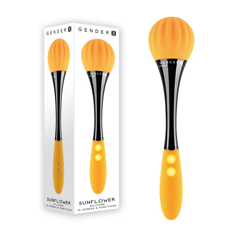 Gender X Sunflower yellow dual-ended wand vibrator with textured round head and oval head