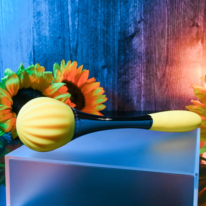 Gender X Sunflower yellow dual-ended wand vibrator with textured round head and oval head
