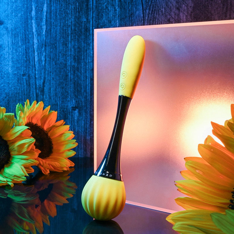 Gender X Sunflower yellow dual-ended wand vibrator with textured round head and oval head