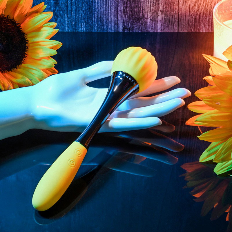 Gender X Sunflower yellow dual-ended wand vibrator with textured round head and oval head