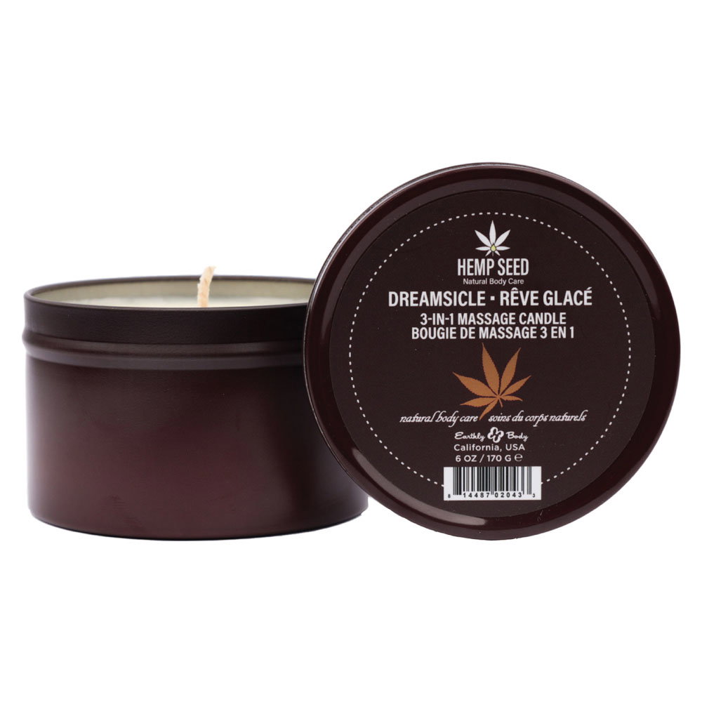 Earthly Body Hemp Seed 3 in 1 Massage Candle in Dreamsicle scent, tin candle