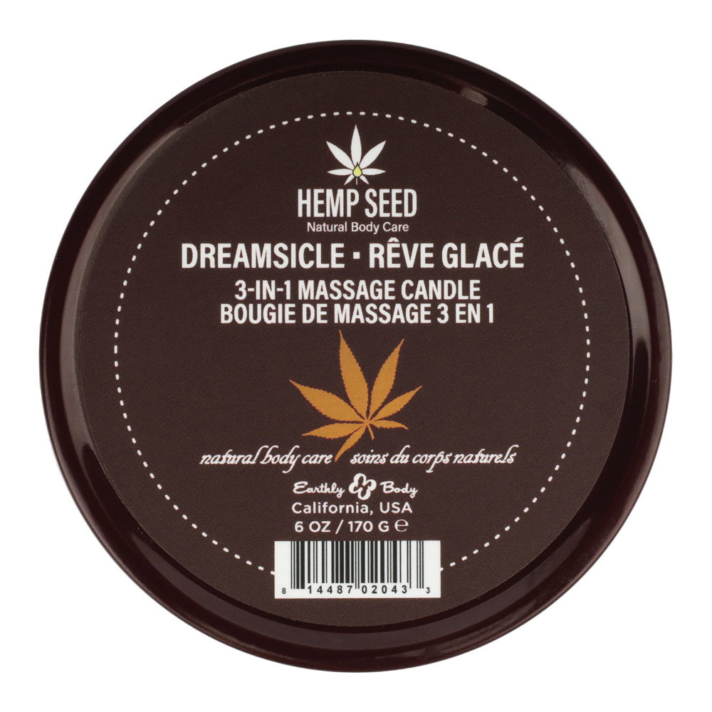 Earthly Body Hemp Seed 3 in 1 Massage Candle in Dreamsicle scent, tin candle