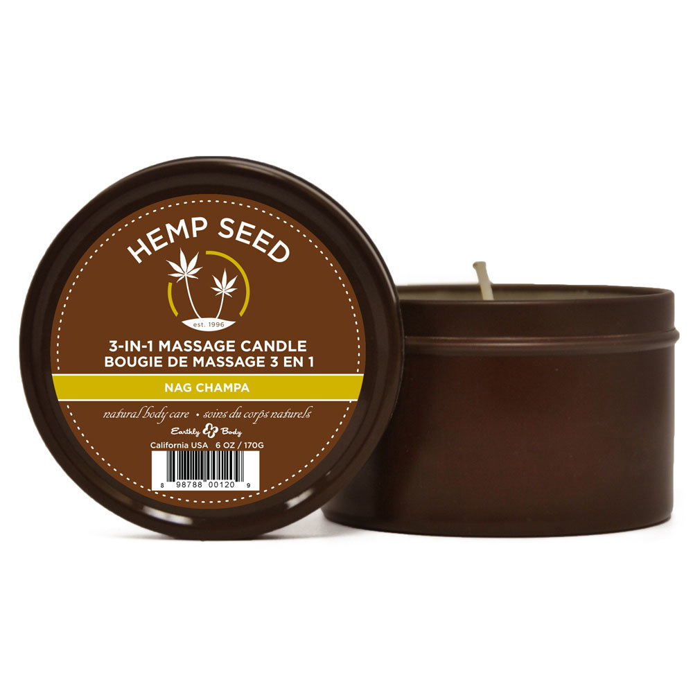 Earthly Body Hemp Seed 3 in 1 Massage Candle in Nag Champa scent, jar with lid
