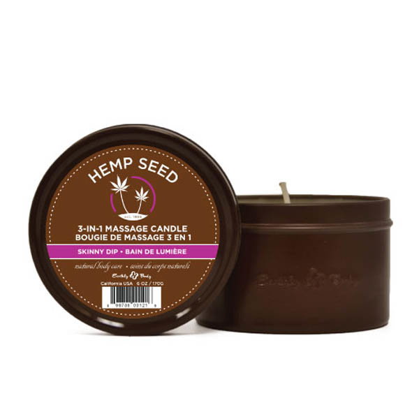 Earthly Body Hemp Seed 3 in 1 Massage Candle in Skinny Dip scent, tin candle