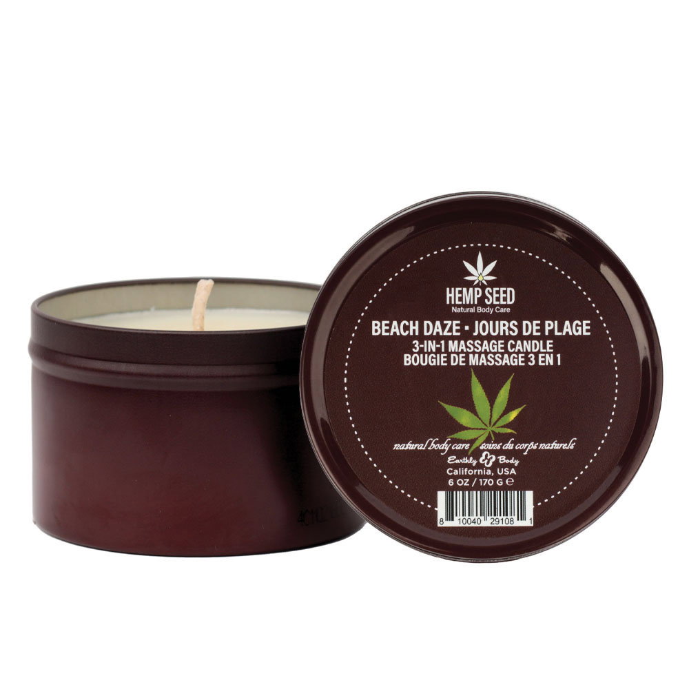 Earthly Body Hemp Seed 3 in 1 Massage Candle in Beach Daze scent, tin candle