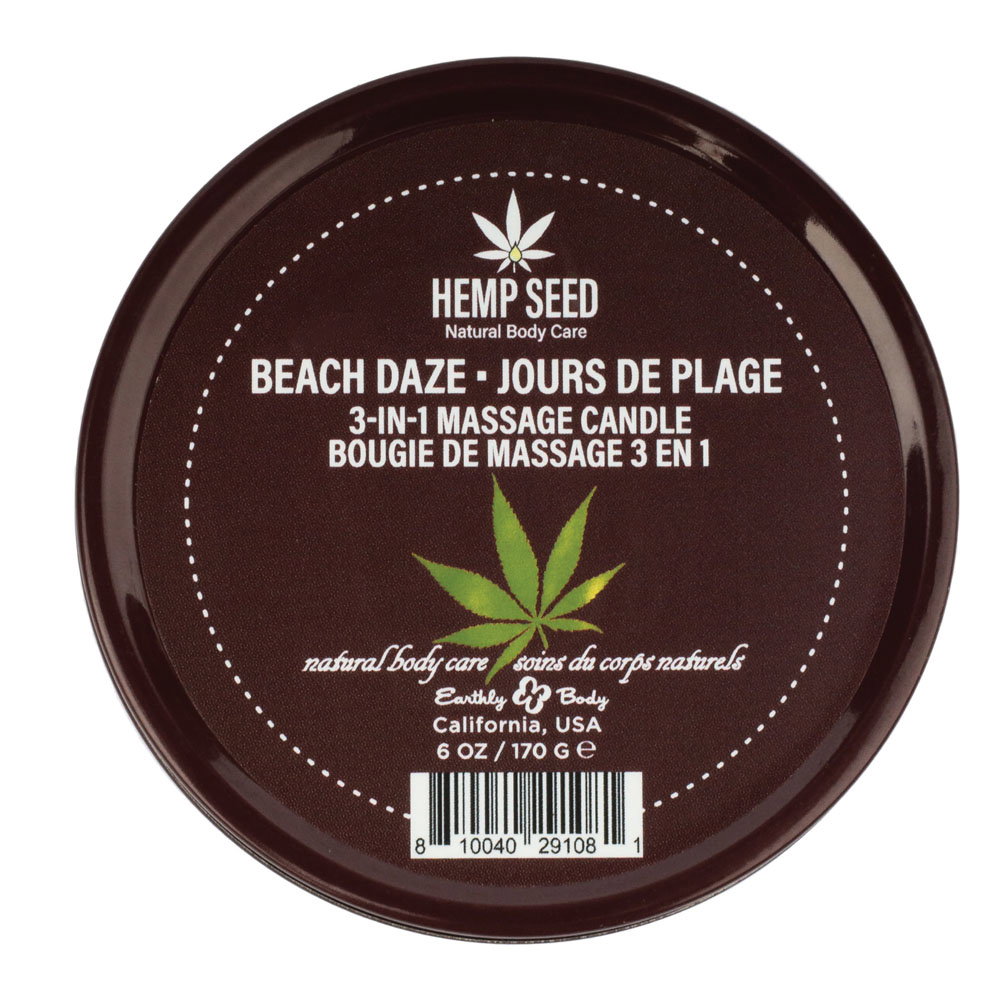Earthly Body Hemp Seed 3 in 1 Massage Candle in Beach Daze scent, tin candle