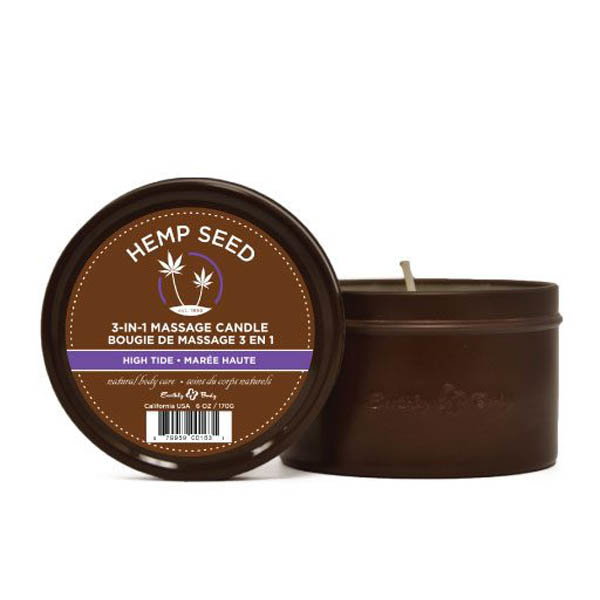 Earthly Body Hemp Seed 3 in 1 Massage Candle in High Tide scent, tin candle
