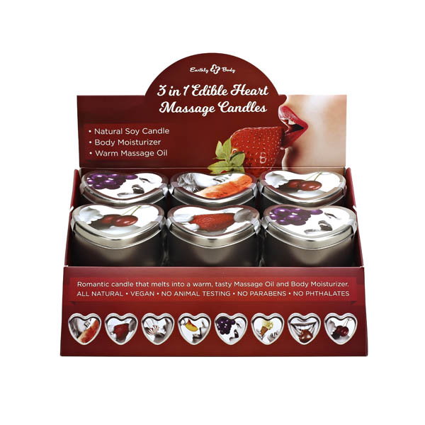 Display of 12 Earthly Body edible heart-shaped massage candles