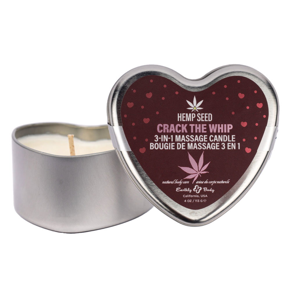 Earthly Body Hemp Seed 3-in-1 Massage Heart Candle in Crack scent with dispensing spoon