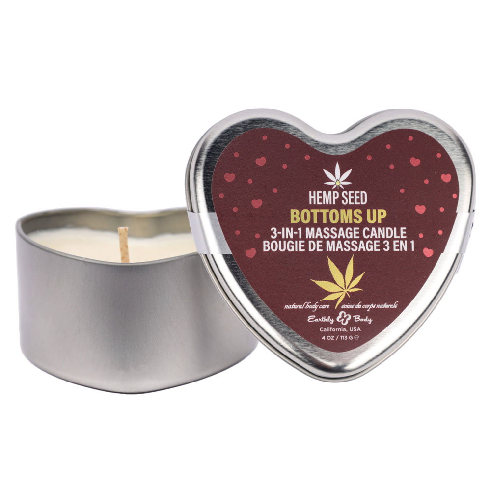 Earthly Body Hemp Seed 3 in 1 Massage Heart Candle in Bottoms fragrance, heart-shaped tin with spoon