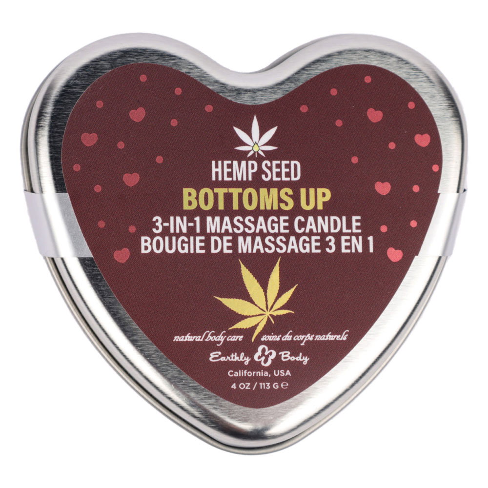 Earthly Body Hemp Seed 3 in 1 Massage Heart Candle in Bottoms fragrance, heart-shaped tin with spoon