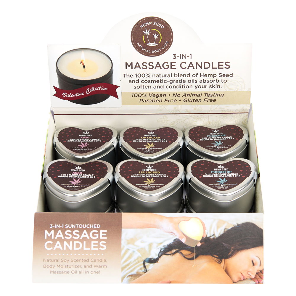 Earthly Body Hemp Seed Lovers Heart Candle counter display with tester candles