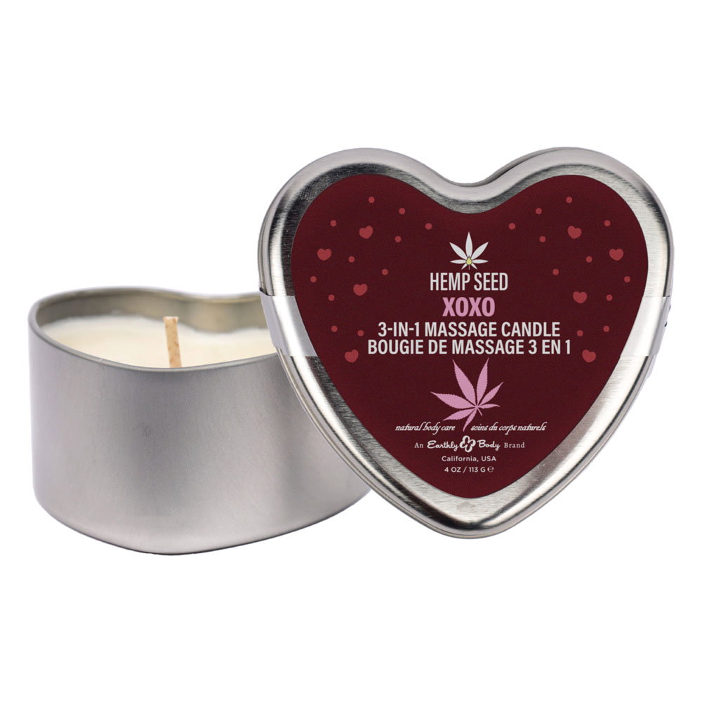Earthly Body Hemp Seed Lovers Heart Candle counter display with tester candles