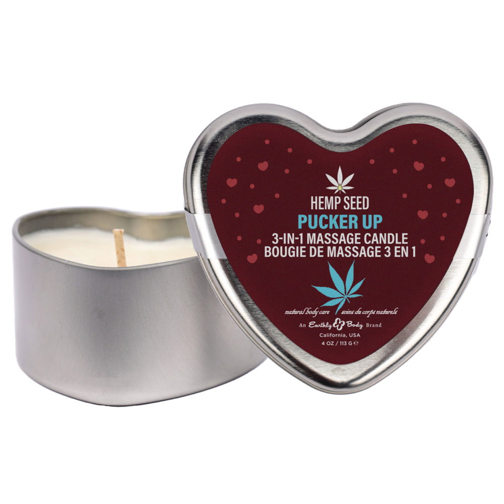 Earthly Body Hemp Seed Lovers Heart Candle counter display with tester candles