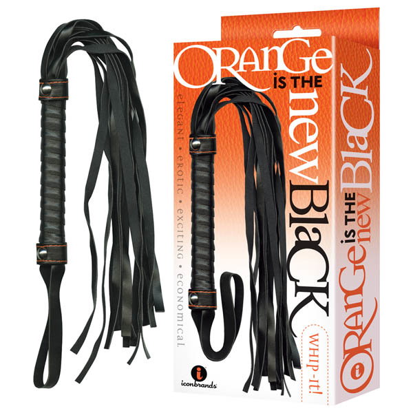 The 9's Orange Is The New Black Whip It flogger with leather-like strands and orange-stitched handle