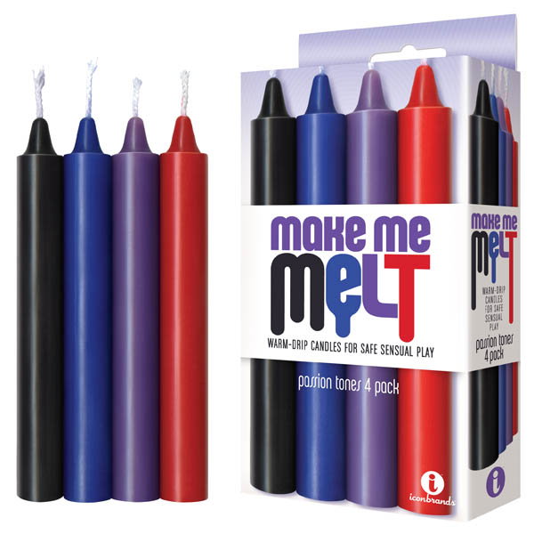 The 9's Make Me Melt Drip Candles 4-pack in Passion colours: black, purple, blue and red taper candles