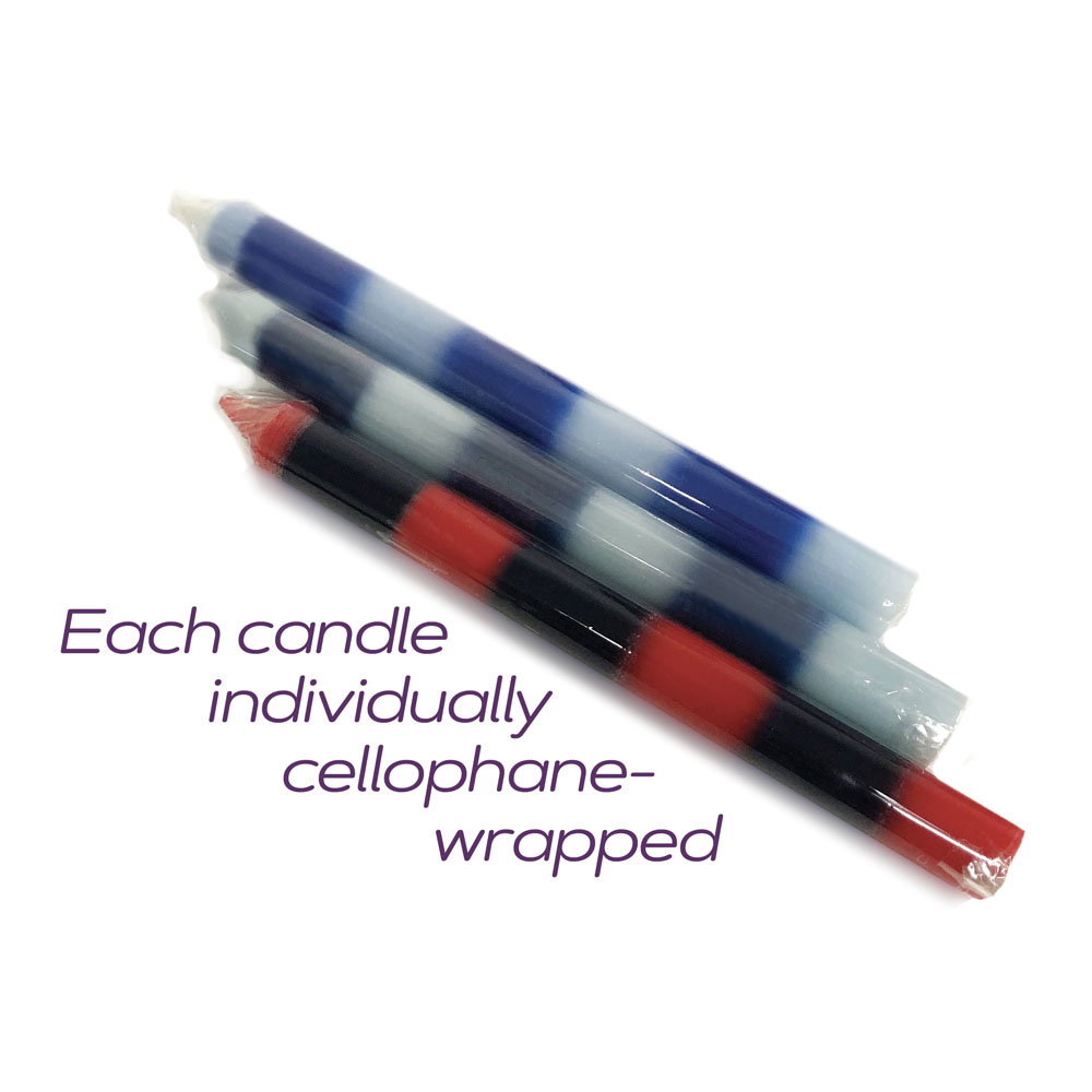 Three striped paraffin drip candles in Passionette colours, individually wrapped, from The 9's Make Me Melt range