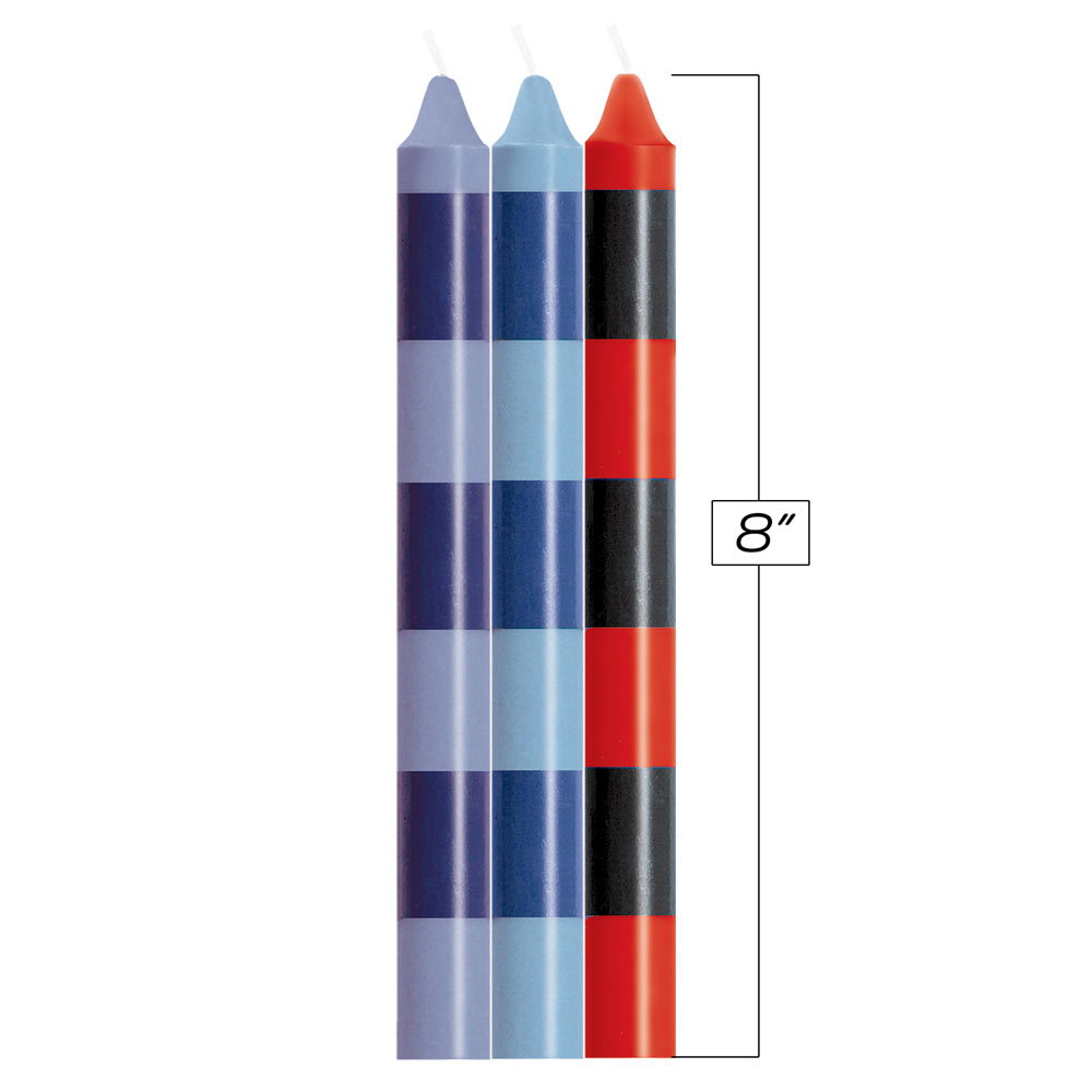 Three striped paraffin drip candles in Passionette colours, individually wrapped, from The 9's Make Me Melt range