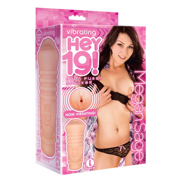 Hey 19! Megan Sage vibrating stroker, a textured TPR male masturbator by Icon Brands