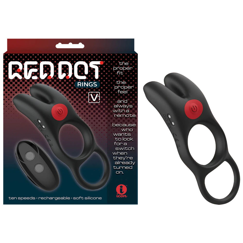 Red Dot V1 silicone vibrating cock ring with dual loops and bunny-ear vibration points, with remote control