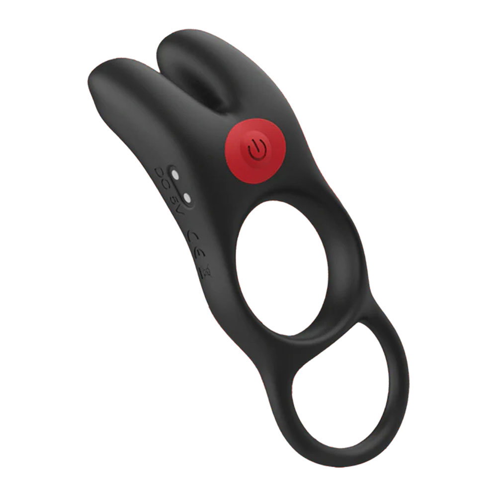 Red Dot V1 silicone vibrating cock ring with dual loops and bunny-ear vibration points, with remote control